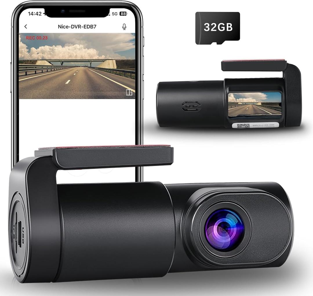 Dash Cam Front- 1080P FHD Front Dash Camera for Cars with APP Free 32GB Card|Night Vision|Loop Recording|G-Sensor|WDR|24H Parking Monitor|Type C