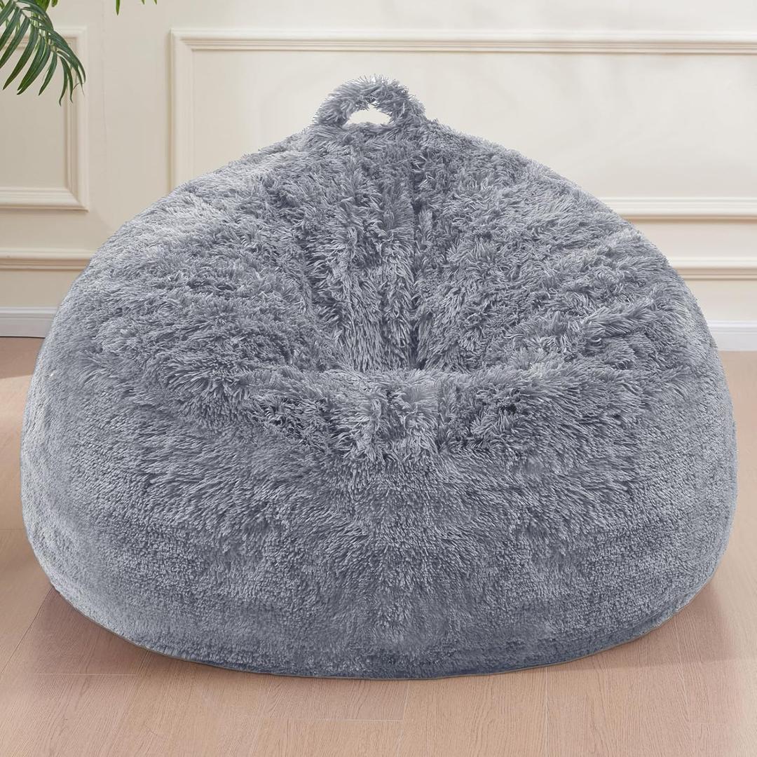 Bean Bag Cover (No Filler), Soft Faux Fur Stuffed Animal Bean Bag Storage, Fluffy Plush Bean Bag Chair Cover Washable, Comfy Bean Bag Covers for Adults Kids Teens, 38"x40" Light Grey