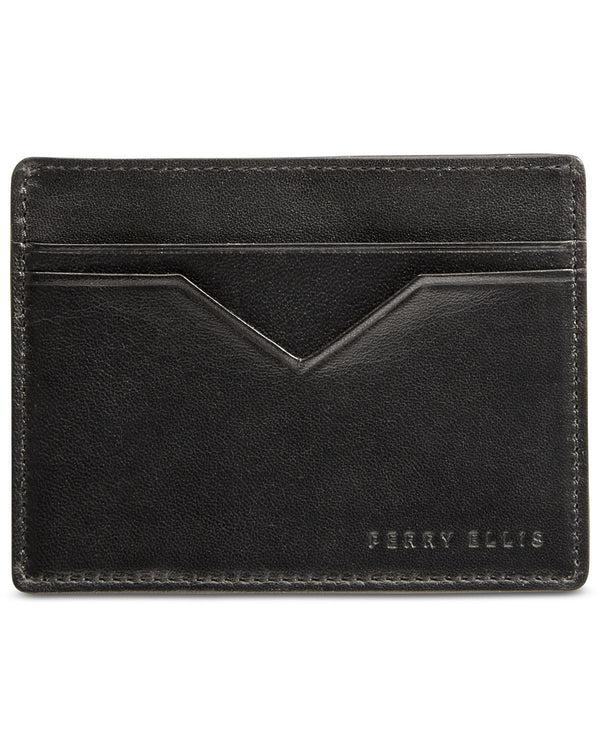 Perry Ellis Men's Slim Black Leather Credit Card Holder Case Wallet