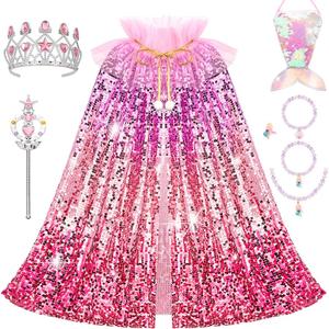 Meland Princess Dress Up for Girls 3-8, 11Pcs Mermaid Cape with Crown, Dress Up Clothes Birthday Gift Toys for Girls Toddlers (Red)