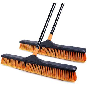 CLEANHOME 24Push Broom Brush for Floor Cleaning with 65 Long Handle and Stiff Bristles, Heavy Duty Brush for Shop, Deck, Garage, Concrete,Indoor and Outdoor Broom 2 Set,Orange