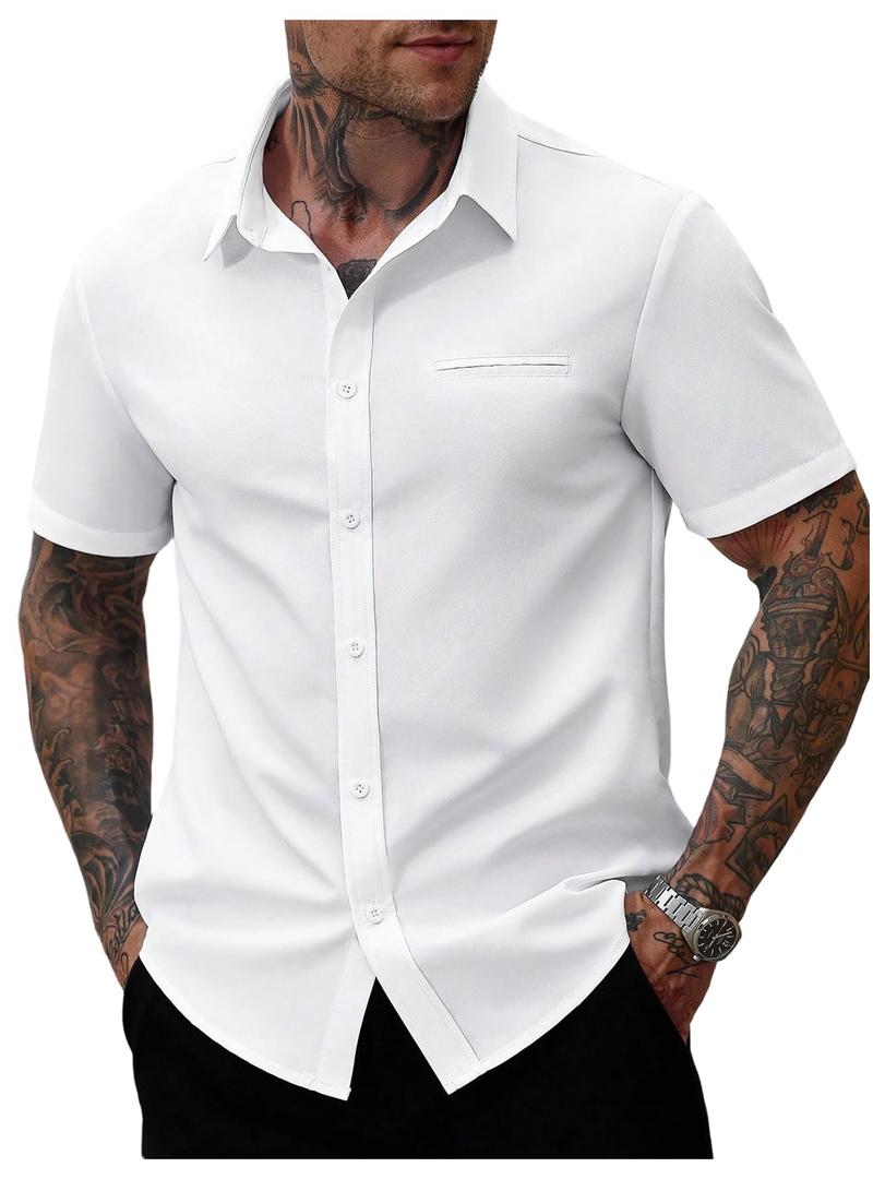 RoseSeek Men's Button Down Shirts Short Sleeve Collared Casual Blouses Summer Business Work Shirts White Large (White, L)