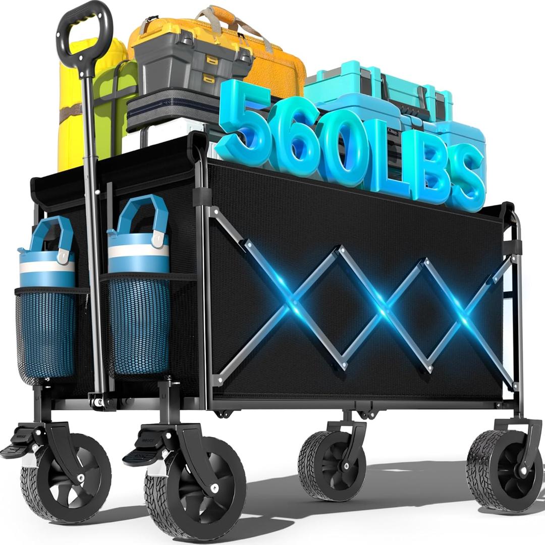 Wagons Carts Foldable, Beach Wagon with Brakes & All-Terrain Wheels 560LBS Capacity Collapsible Wagon for Trips, Outdoor Camping, Sports & Garden Use  Black (Blue)