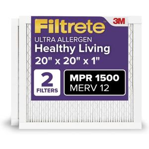 Filtrete 20x20x1 AC Furnace Air Filter, MERV 12, MPR 1500, CERTIFIED asthma & allergy friendly, 3 Month Pleated 1-Inch Electrostatic Air Cleaning Filter, 2-Pack (Actual Size 19.69x19.69x0.78 in) (20 x 20 x 1)