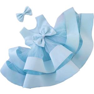 AIMJCHLD 0-6T Baby Girls V Backless Flower Dress Pageant Party Wedding Gown Dresses with Hair Bow (3-4T, Light Blue)