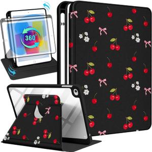 for iPad mini 4 Case for iPad mini 5th Generation Case - 360 Rotating Stand Folio Smart Cover with Pencil Holder for Women Girls, Cherry Bow Flowers for Apple Tablet Mini 7.9 inch 2019/2015