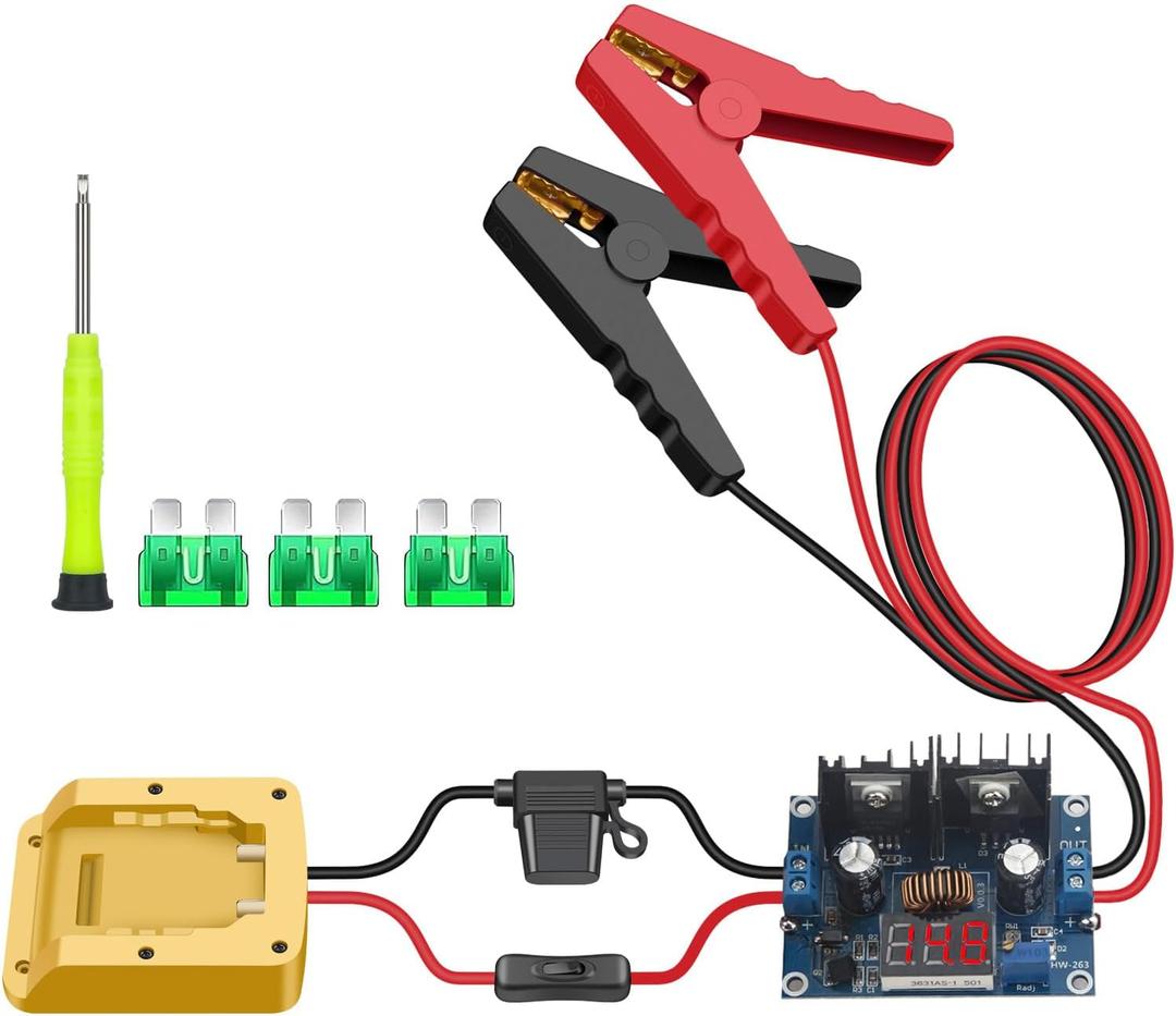 Jumper Cables Alligator Clips Compatible with Dewalt 20V Battery, 2FT Silicone Wire 14 AWG with Adjustable Voltage Stabilizing Module and Fuse & OFF/ON & Digital Display for Car Battery Charging