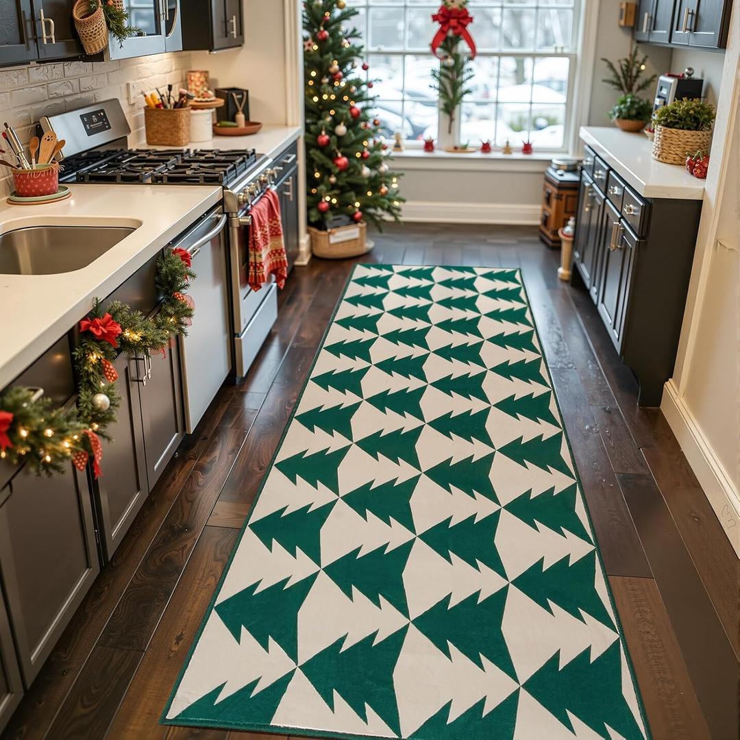 jinchan Christmas Runner Rug 3x8 for Kitchen Holiday Rug for Hallway Kitchen Green Christmas Tree Printed Winter Xmas Decor Washable Runner for Entryway Bedroom Non-Slip