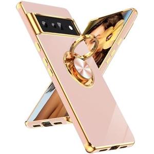 LeYi for Google Pixel 6 Pro Case: 360° Rotatable Ring Holder Magnetic Kickstand, Plating Rose Gold Edge for Google Pixel 6 Pro Case, Pink
