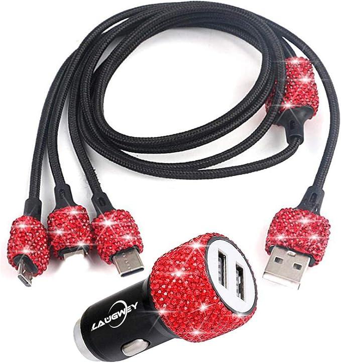 Bling Car Charger Accessories Set,Rhinestone Dual USB Car Chargers + Bling 3 in1 Nylon Braided Charging Cable,Bling Crystal Decoration Car Accessories Kits for Girl and Women (Red)