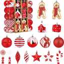 SHareconn 65pcs Christmas Tree Ornaments Set, Shatterproof Christmas Gingerbread Man Balls Bulk Gift Boxes, Hanging Plastic Decorative Baubles for Xmas Trees Decorations, Holiday Party, Red White (65CT)
