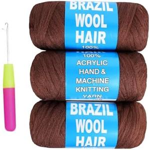 4 Roll Natural Brazilian Wool Hair Yarn Hair for Jumbo Braids Braiding Hair for Soft Locs Faux Locs Goddess Locs Hair Extension Senegalese Twist Crochet Hair for Black Women(Brown,4Roll)