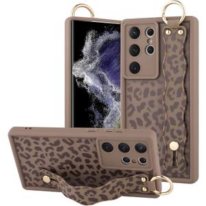 OOK Compatible with Samsung Galaxy S22 Ultra Leopard Case with Wrist Strap, Brown Leopard TPU Shockproof Protection Slim Cover with Camera Protection for Women Girls, for 6.8inch, Brown