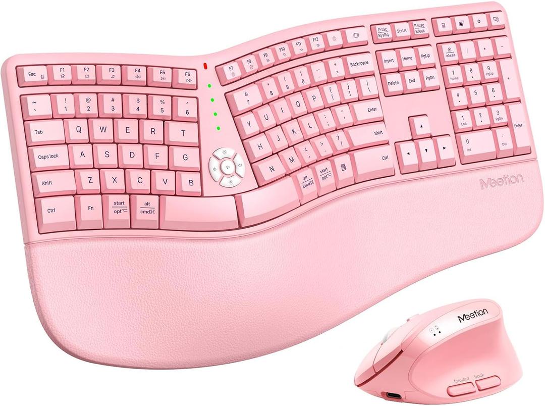 MEETION Ergonomic Keyboard and Mouse Combo, Split Wireless Design, Pink
2.4G split keyboard with cushioned palm rest and vertical mouse, full-size natural typing design, for Windows and Mac