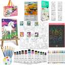 48 PCS Paint Kits for Kids with Writing Tablet, 12 Acrylic Paints, 12 Markers, 10 Brushes, 6 Canvas Panels, 3 Coloring Books Wood Easel, Paper Pad for Beginner Toddlers