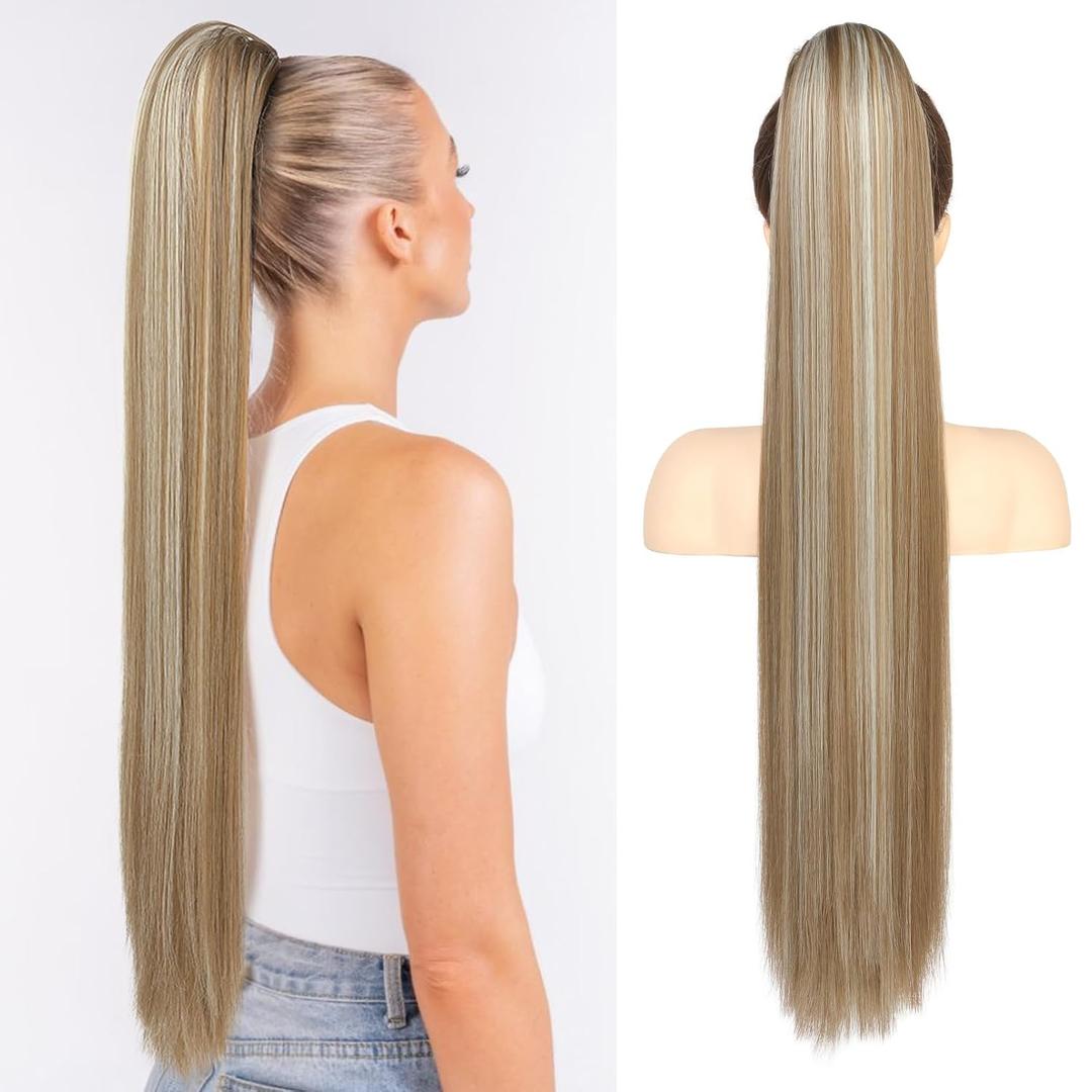 Flufymooz ponytail extension, 30 Inch Long Straight Drawstring Ponytail Synthetic Hairpieces Fake Pony Tails Natural Soft Clip in Hair Extension Pony Tail for Women (Ash Brown with Blonde Highlights)