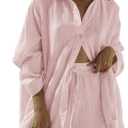 Fixmatti Women 2 Piece Outfits Long Sleeve Button Down Blouse and Shorts Sweatsuit Sets (M)