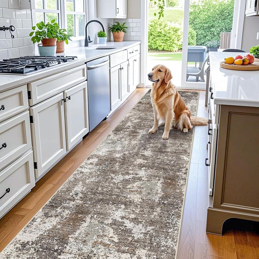 3x10 ft Long Hallway Runner Rug  Non-Slip Washable Kitchen Floor Rug with Rubber Backing, Modern Low Pile Thin Wide Carpet Runners for Bedroom, Entryway Indoor (Brown Beige,3x10)