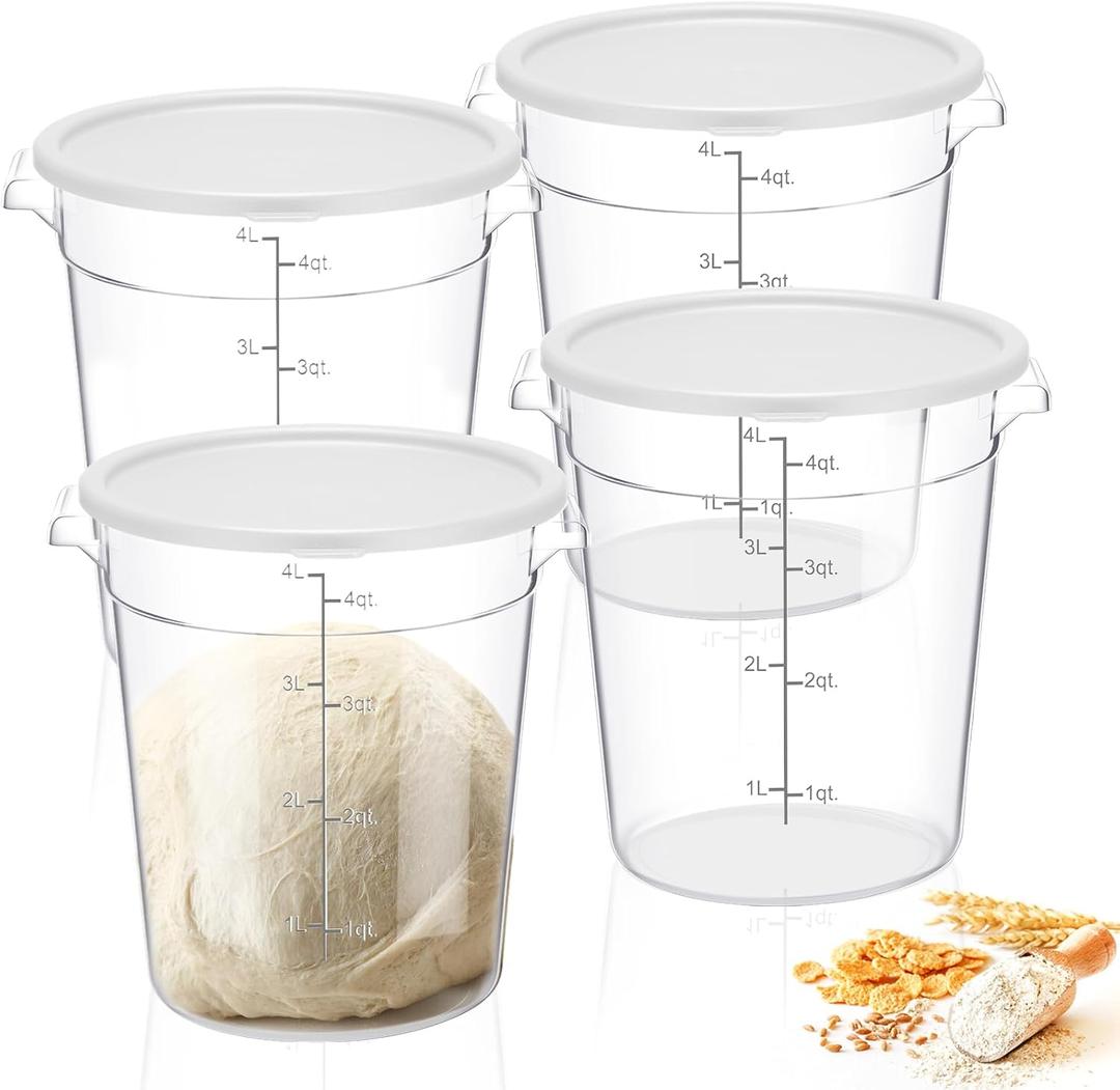 Suclain 4 Pcs 4 Qt Food Storage Container Bucket with Lids Clear Proofing Containers for Dough Rise Bread with Scale Handle Round Flour Commercial Storage Bucket for Home Restaurant Food (White)