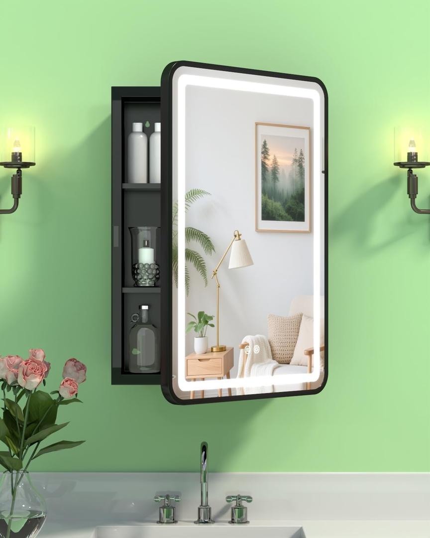 LED Bathroom Medicine Cabinet Mirror, Anti-Fog, Right Hinge, 16x24 Inch | Wall Mounted & Recessed, Dimmable 3 Color Light with Memory, 2 Shelves & 1 Organizer, Waterproof Body & Shatterproof Mirror