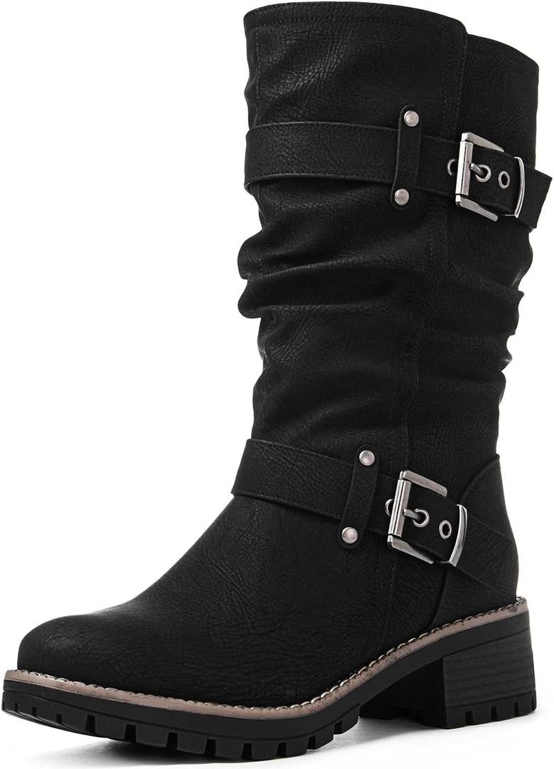 GLOBALWIN Women's Mid Calf Dress Boots Biker Motorcycle Riding Boots Women For Women (9, 21yy08black)