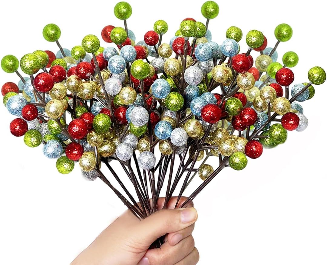 24 Pack Christmas Glitter Berries Stems, 8.5 Inch Artificial Christmas Picks, Berry Branches for Christmas Tree Ornaments, DIY Wreath, Crafts, Holiday and Party Decor (Colorful A)