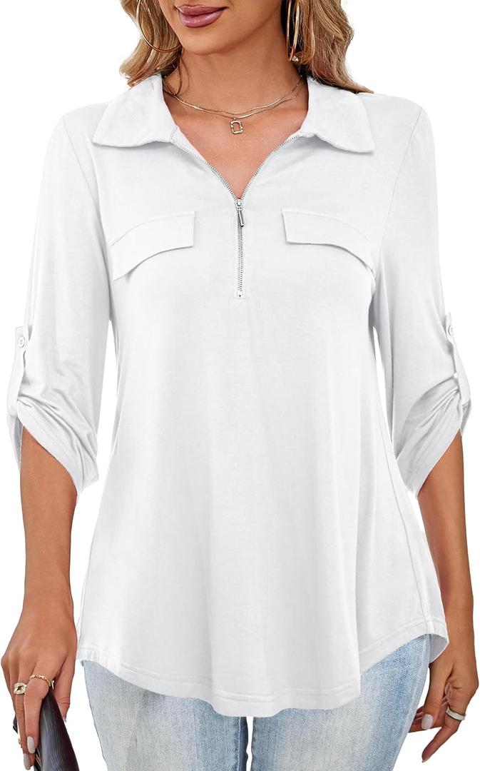 U.Vomade Women's 3/ 4 Sleeve Collared Tops Business Casual Zip Front V Neck Loose Fit Plus Size Tops for Women White 3X