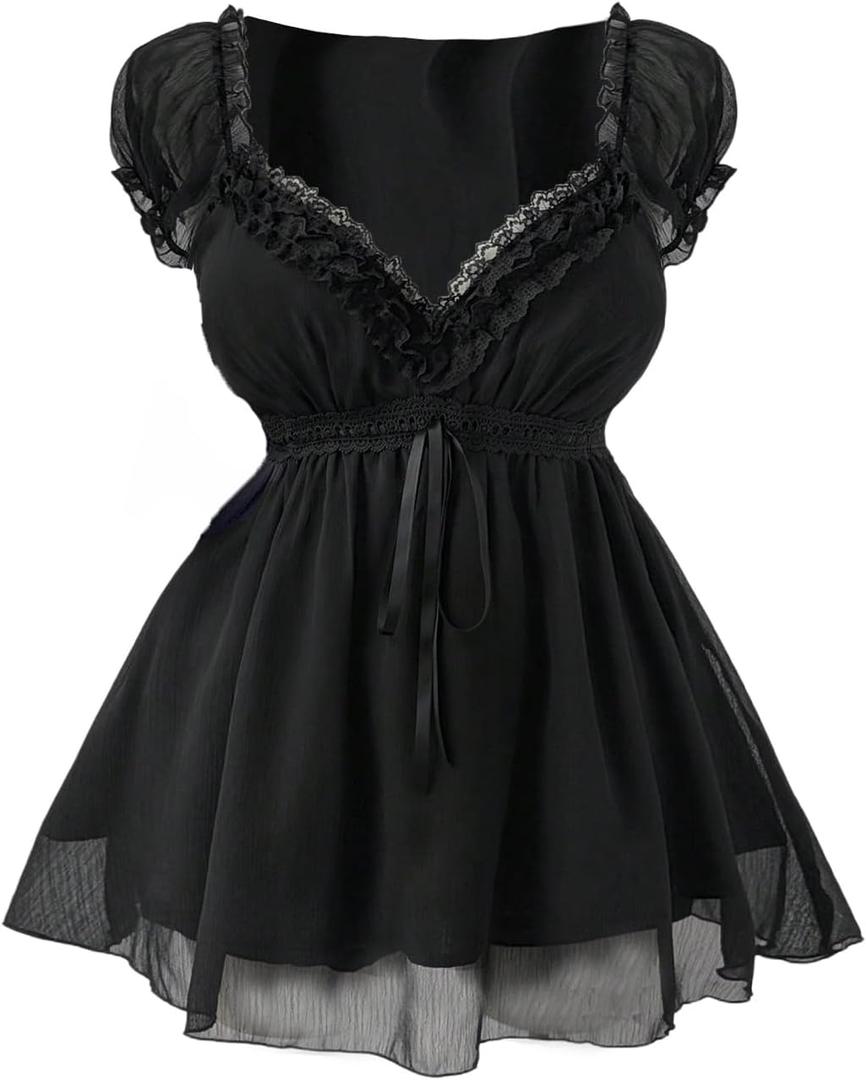 Verdusa Women's Plus Size Y2K Gothic Sheer Lace Blouse Puff Short Sleeve Shirred Ruffle Peplum Tops (3X-Large Plus, Black)