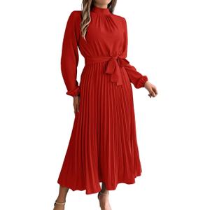 ChiaoLezhee Pleated Maxi Dress, Mock Neck A Line, Fall Holiday, Long Sleeve Modest Business Casual Flowy Dresses for Women (6-8, Red)