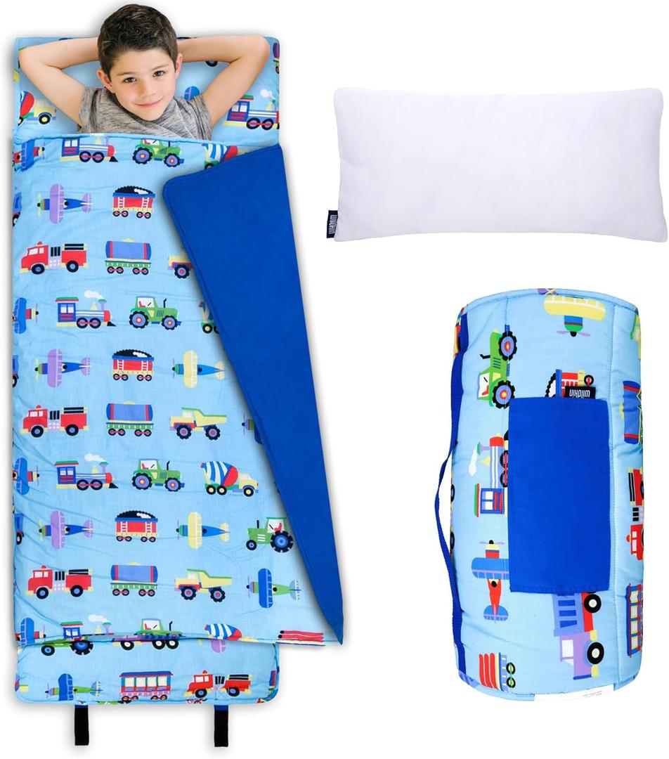 Wildkin Kids Original Nap Mat  Cozy Kids Sleep Mat with Pillow, Ideal for School & Travel - Trains, Planes, and Trucks