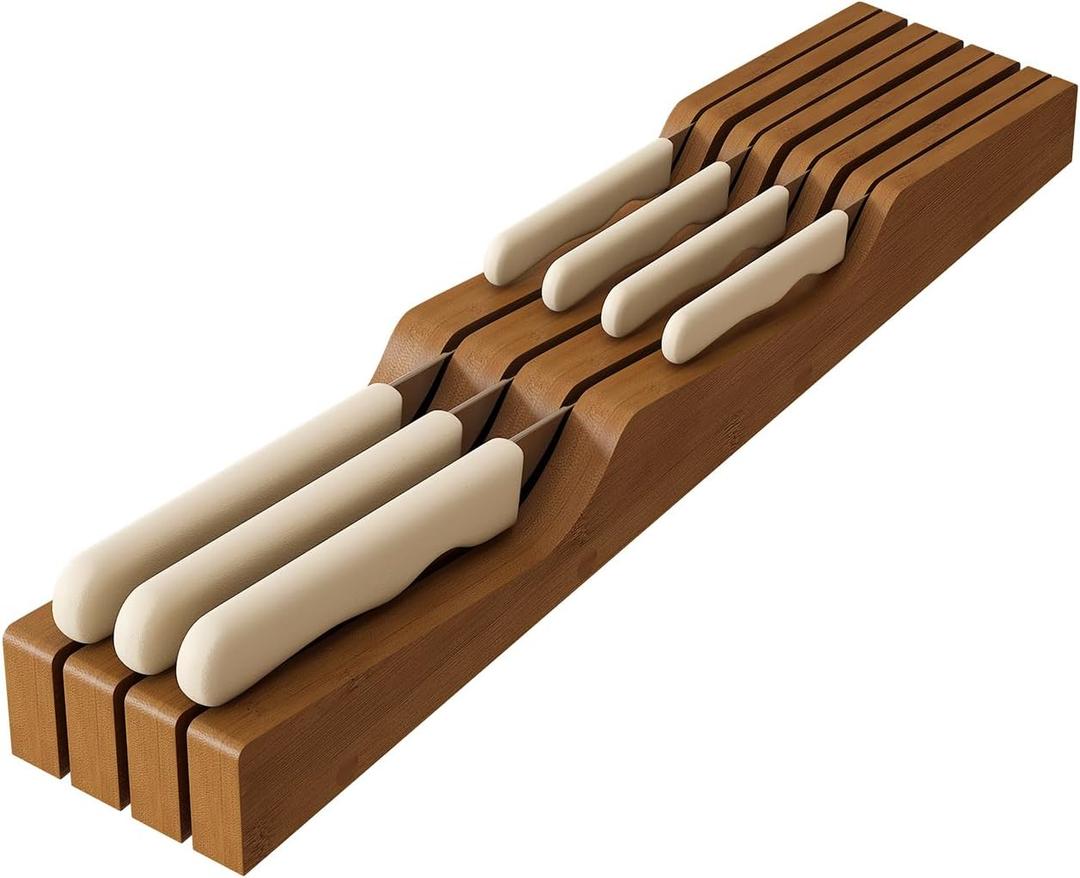 In-Drawer Knife Block Organizer - Bamboo Wood Drawer Knife Organizer-Protecting Knife Organizer Block (Not Included) (Brown, 7 Knives Dock)