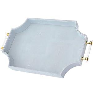 22.6'' × 13'' Coffee Table Tray Shagreen Decorative Tray for Ottoman Home Decor Serving Tray with Acrylic Gold Handles Modern Elegant Scalloped Large Ottoman Tray