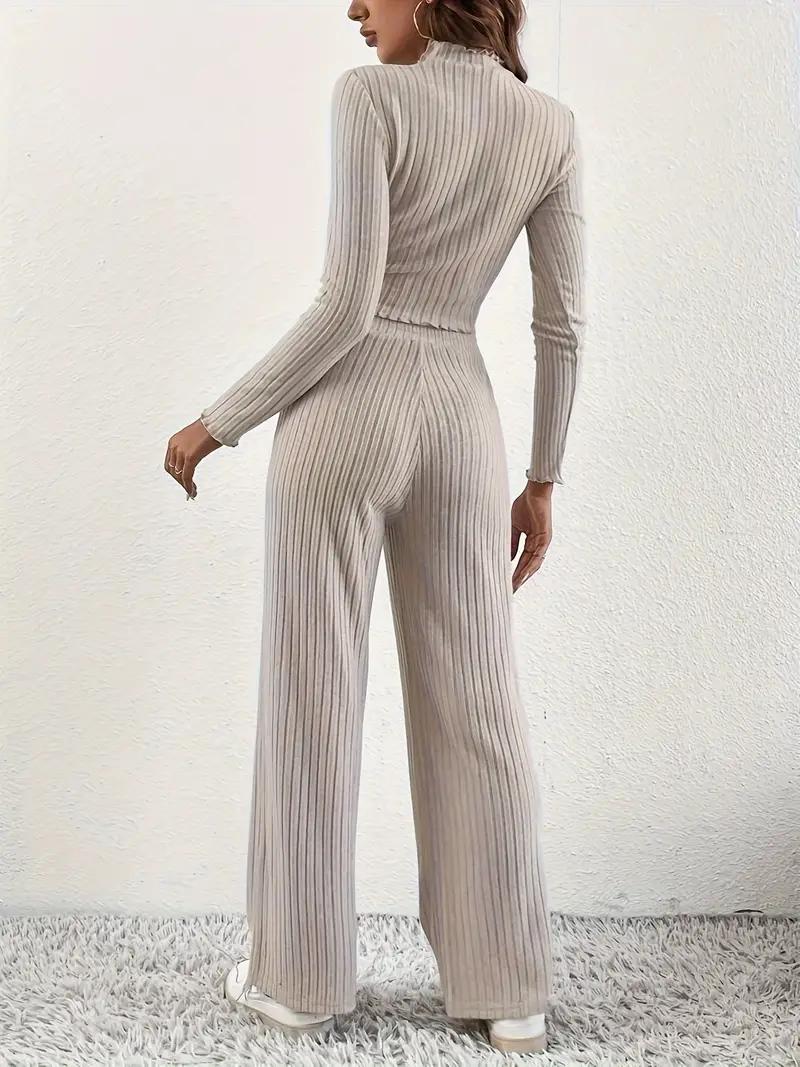 Women’s Fall Lounge Set 2 Piece Pajamas Ribbed Knit Long Sleeve Top Wide Leg PantsTravel Outfits Postpartum Set, Size: S