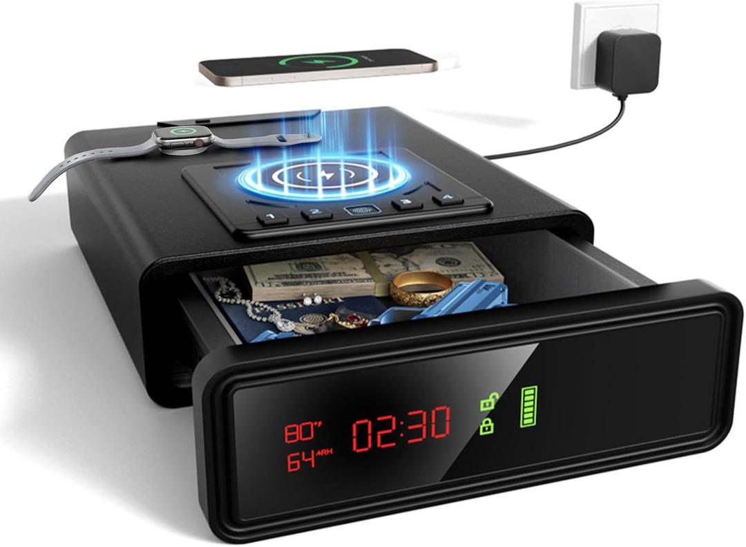 XDeer Biometric Gun Safe for Handgun with Wireless Charging, Quick Access Fingerprint Gun Safes, Bedside Pistol Case, 7/24 Digital Alarm Clock Small safe 1PCS (black)