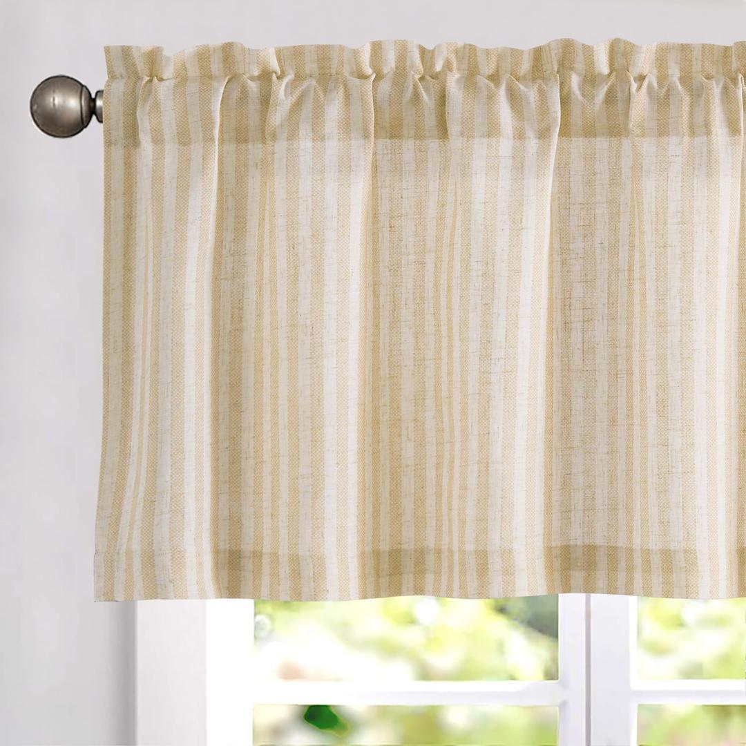 jinchan Valance Curtain Linen Textured Striped Window Curtain for Living Room Light Filtering Ticking Stripe Farmhouse Valance for Kitchen Rod Pocket 1 Panel 16 Inch Beige 1 Panel