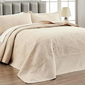 Qucover Oversized King Bedspreads 128x120, Soft Microfiber Ultrasonic Quilting Paisley Pattern California King Quilt Sets Oversized, 3 Piece Oversized Coverlet Bedding, Beige