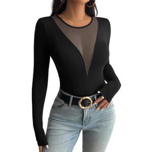 Trendy Deep V Sheer Mesh Women's T Shirts Long Sleeve Going Out Basic Tops (Black, M)