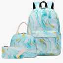 Kids Backpack for Girls, Teens School Bags Bookbags Set with Lunch Bag Pencil Case, Turquoise Marble