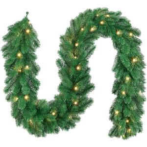 ELYKEN 9 FT Christmas Cedar Garland with Lights, Realistic Winter Christmas Decorations, Green Artificial Greenery Garland for Home Decor, Indoor, Table, Mantle, Wall