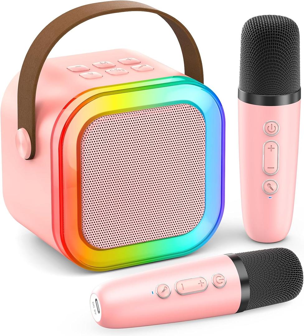 Karaoke Machine for Kids Adults, Portable Bluetooth Mini Karaoke Microphone Singing Speaker with 2 Mic and Light,Toys for All Smartphones, Birthday, Family, Home Party (Pink)