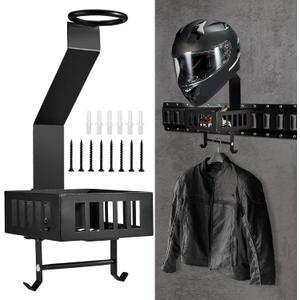 E Track Motorcycle Helmet Holder with Tray  Hooks, Universal Wall Mount Helmet Rack for Garage or Workshop Organization