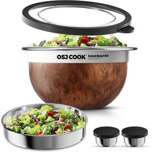 18/8 Stainless Steel Salad Bowl Kit - 74oz, Mixing Bowls with Lids Set, Teakwood - Comes with 1.7oz Condiment Container and Removable Tray for Organization - Leak-Proof, Dishwasher Safe (Wood)