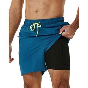 SILKWORLD Mens Swimming Trunks with Compression Liner 2 in 1 Quick-Dry Swim Shorts with Zipper Pockets M