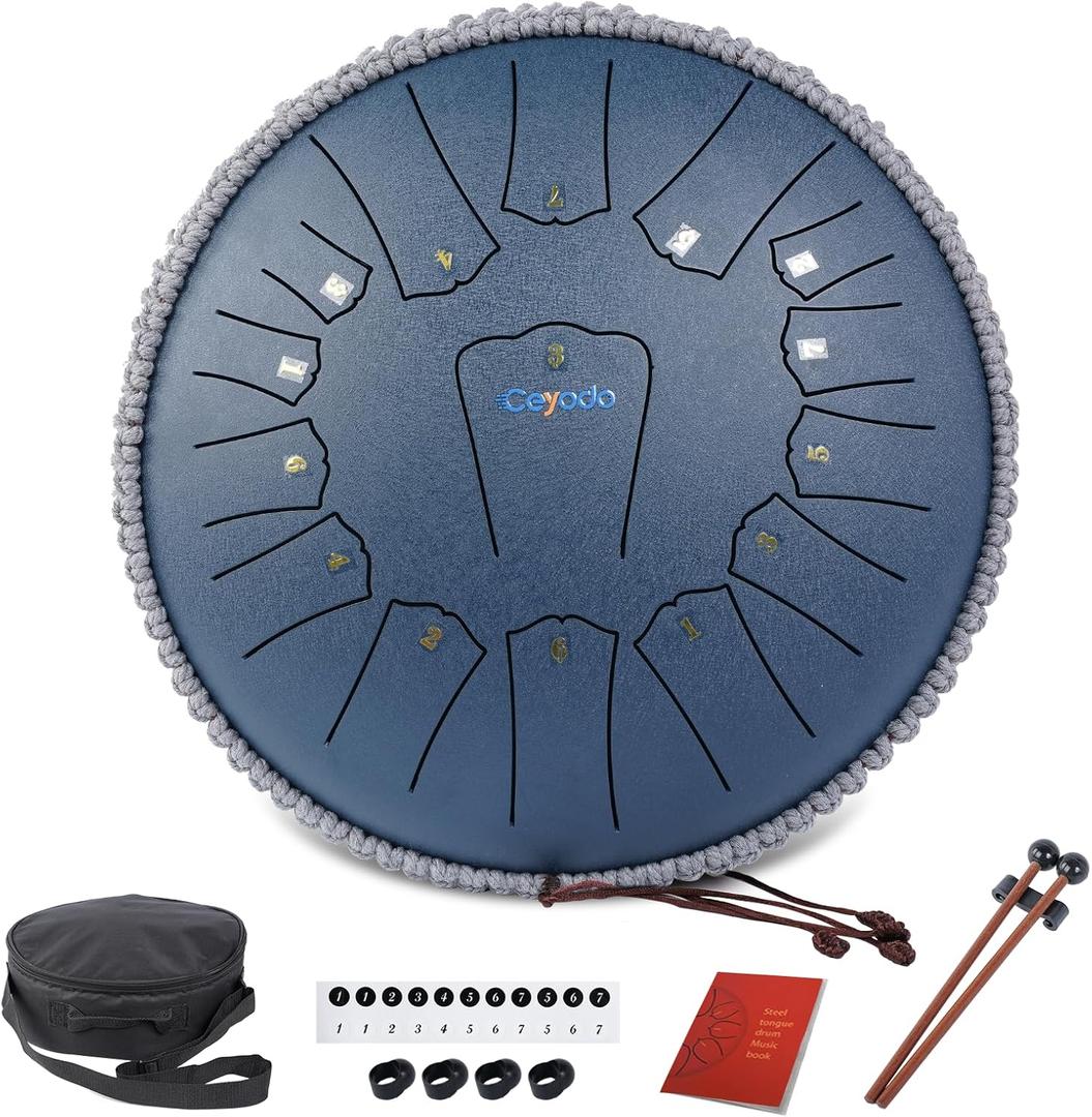 Rain Drum for Outside Garden, Steel Tongue Drum, Rain Chime Drum, Hand Pan Musical Instrument Christmas Gift with Bag for Adult, Mallets for Meditation Yoga (Navy, 13" 15 Notes, D key)