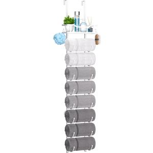 SWTYMIKI Over The Door Towel Rack - 9 Tier Towel Racks for Bathroom Wall Mounted, Towel Holder with Shelf, Hanging Rolled Towel Storage Organizer for Small Bathroom, Camper, RV, White, 10.6"L x 5.25"W x 54.33"H