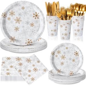 210 Pcs Winter Snowflake Tableware Set Winter Wonderland Party Supplies Disposable Snowflake Paper Plates Napkin Cup Plastic Knife Fork Spoon Party Dinnerwares (Gold)