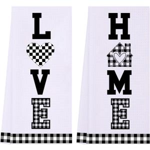 LXOMILL Farmhouse Kitchen Towels, Black and White Kitchen Decor, Buffalo Plaid Dish Towels, Decorative Country Checkered Kitchen Towels (2 Pack-love Home)