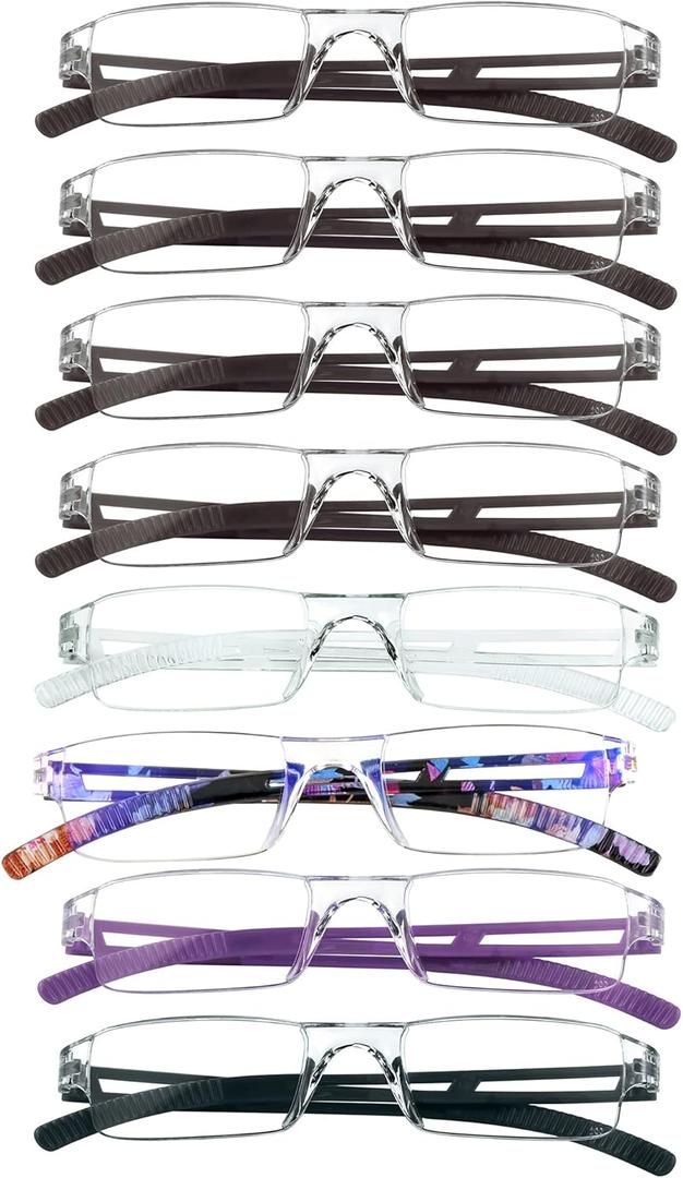 VisionGlobal 8 Pairs Reading Glasses, Blue Light Blocking Glasses, Computer Reading Glasses for Women and Men, Fashion Square Eyewear Frame (4color+4brown,+1.25 Magnification)