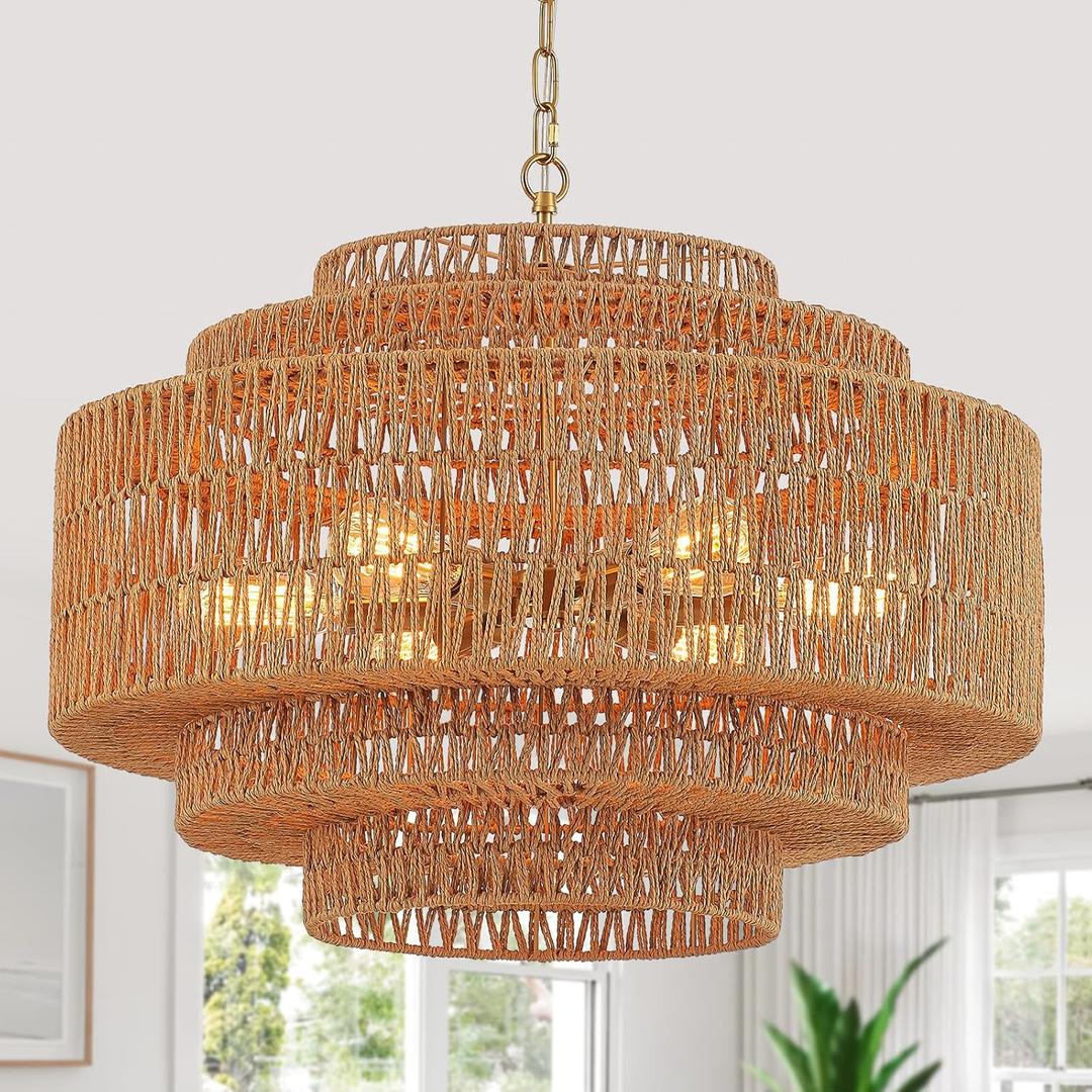 Large Chandelier Hand-Woven Rattan 25.6in Boho Chandelier Vintage Light Fixtures 6-Light Gold Coastal Bamboo Wicker Chandeliers for Living Room Dining Room Bedroom Kitchen Island Entryway