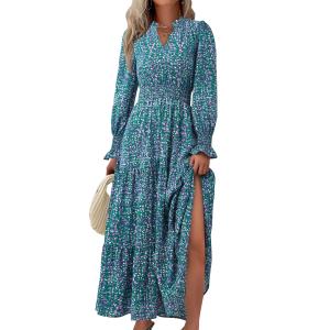 PRETTYGARDEN Women's Floral Maxi Dress 2025 Fall Long Sleeve V Neck Casual A Line Long Flowy Boho Party Dresses (Floral Purple Green, XX-Large)